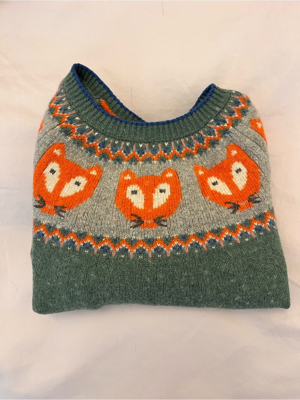 Mini Boden Green Fair Isle Fox Knit Sweater with Orange Motif